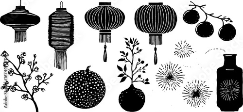 Festive linocut pattern with lanterns and plum blossoms for holiday decor