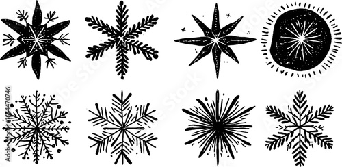 Seamless winter pattern of linocut snowflakes and stars for seasonal design
