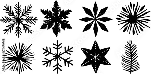 Linocut seamless winter pattern with snowflakes and stars for holiday design