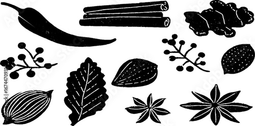 Linocut spices collection with chili pepper and cinnamon for kitchen decor and design