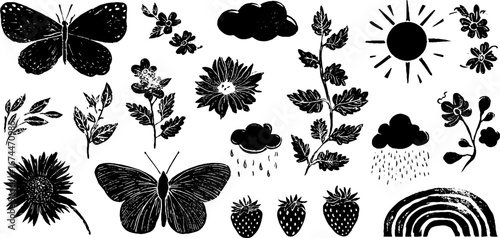Linocut spring and summer icons set with blossoms, leaves, and seasonal elements for design