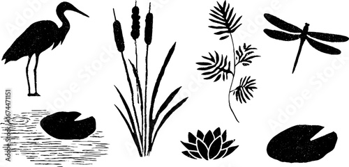 Linocut swamp scene with frog on lotus leaf and dragonfly for nature-inspired design