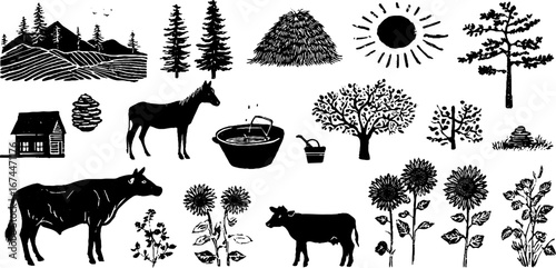 Rustic summer village collection with linocut farm elements – trees, animals, and beehive design for print