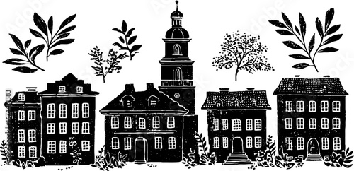 Vintage linocut townscape with old houses and church for rustic design