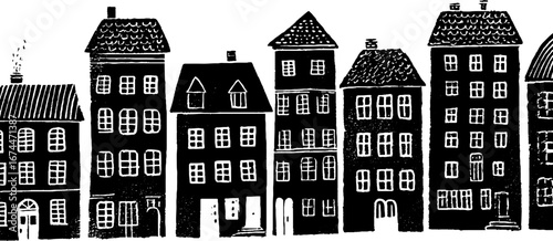 Linocut townscape seamless pattern with charming roofs and windows for art prints