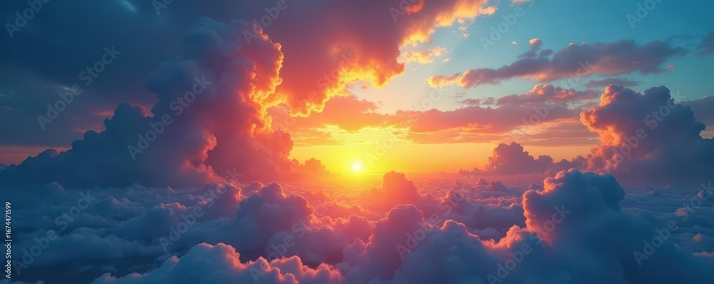 Naklejka premium Vast blue sunset sky, vibrant clouds, golden sun , open, view