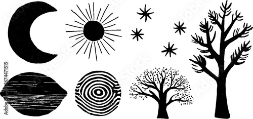 Universal spiritual linocut set with crescent moon and sun designs for posters and cards