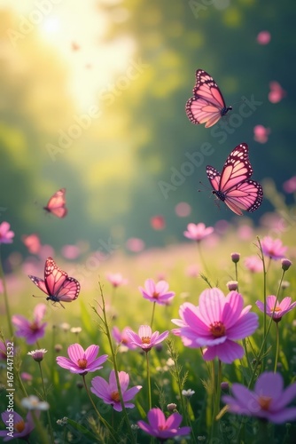 Thousands of pink & purple butterflies flutter in a sun-drenched, dreamy meadow , romantic, beauty