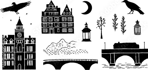 Urban fantasy cityscape: gothic building silhouettes for design and decor