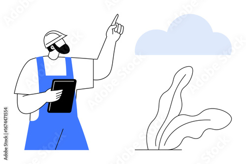 Worker wearing helmet and holding tablet gestures upward near cloud and plant. Ideal for sustainability, planning, analysis, teamwork, agriculture, innovation, and environment. Simple flat metaphor