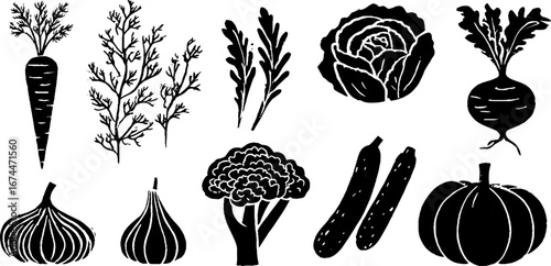 Rustic vegetable silhouettes in linocut style for vintage garden design