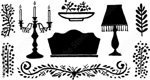 Victorian style linocut design featuring scrolls, vines, pearls, and silhouette lamps for vintage decor