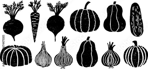 Linocut vegetables seamless pattern featuring carrots and beets for natural design projects