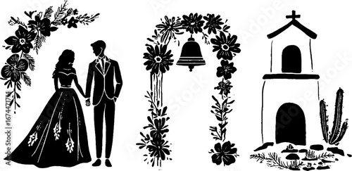 Rustic linocut wedding ceremony silhouettes with bride and groom for vintage design