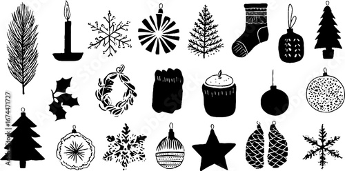 Winter holiday linocut silhouettes collection for seasonal decor