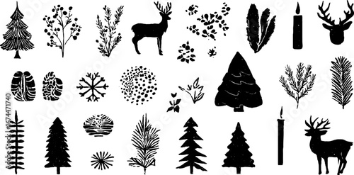 Linocut winter mythology collection featuring santa claus and snow for holiday design