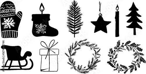 Winter holiday linocut collection with mittens, socks, and sleigh for seasonal design