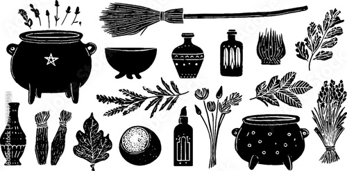 Witchcraft elements collection with broomstick, cauldron, and potion designs for mystical decor