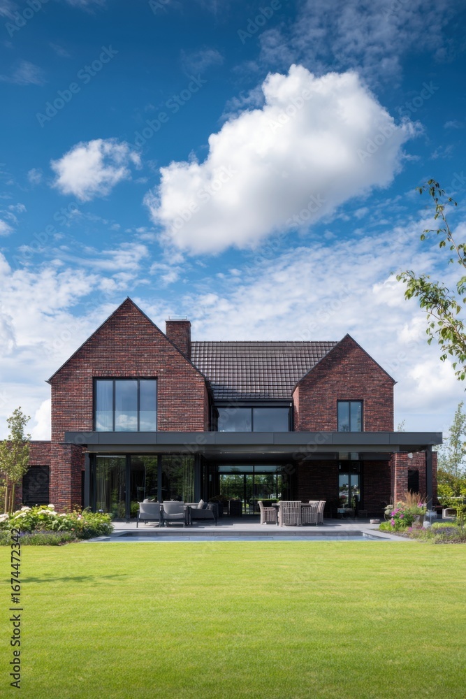 Obraz premium A contemporary brick home features expansive windows that invite natural light, nestled within a vibrant green garden, all set against a bright blue sky during the daytime