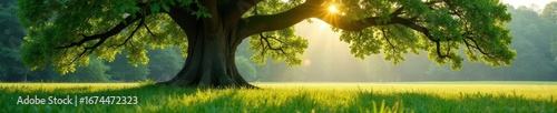 Ancient oak dominates grassy field, sunlight dappled leaves , background, ground