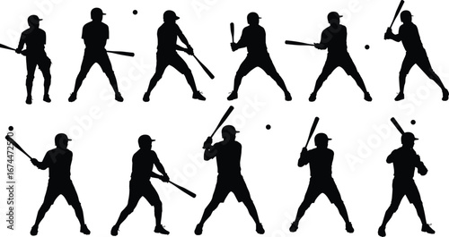 Baseball player silhouette action, swinging bat, hitting ball, sports training illustration, athletic man exercise, black shadow artwork, competition, teamwork, strength, determination