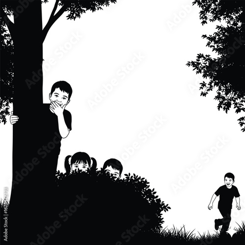 Children playing hide and seek outdoors in the garden, having fun behind bushes and tree, happy kids laughing and running, nature playtime activity, joyful childhood moments, summer outdoor game