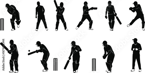 Cricket player silhouette vector, batsman bowler fielder illustration, sports action poses artwork, professional cricket design, competitive game concept, team sport graphic