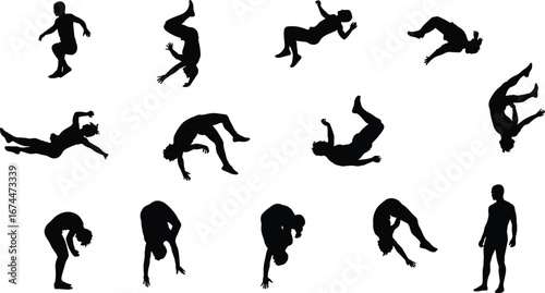 Freestyle acrobatic flip silhouette, gymnast stunt vector, extreme sport illustration, body motion artwork, athletic breakdance movement design, dynamic action performance concept