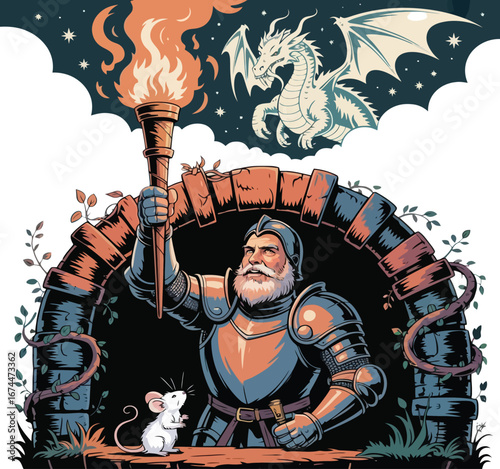 Bearded knight holding torch under stone archway with white dragon in starry sky fire