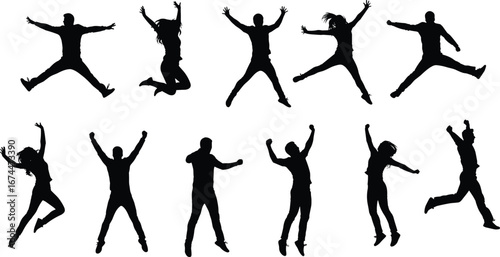 Group silhouette of people jumping with joy, happy men and women, freedom lifestyle, fun activity, energetic youth, vector illustration design