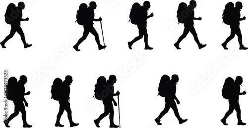 Hiker silhouette walking with backpack, trekking outdoor, hiking adventure illustration, mountain exploration, camping journey, travel activity, black shadow artwork, wilderness exploration