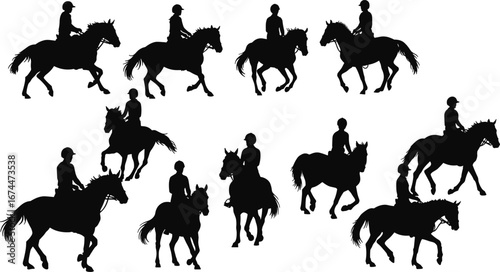 Horse riding silhouette vector, equestrian sport artwork, horseback rider illustration, animal motion design, equine training concept, outdoor riding activity, professional equestrian graphic