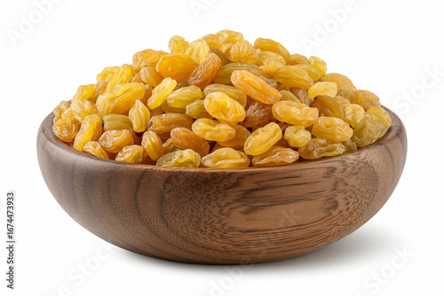 Yellow Raisins in wooden bowl isolated Flat lay of Yellow Raisins in wooden bowl isolated on white background. Clipping path
