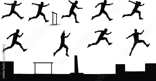 Silhouette athletes jumping over hurdles, obstacles, barriers, track and field sport, running training, fitness exercise, dynamic motion sequence, competition illustration design