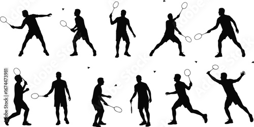 Silhouette badminton players performing shots, hitting shuttlecock with racket, sports action poses, competition training, athletic movement, fitness practice, game illustration sequence design
