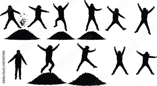 Silhouette children jumping on soil mound, playful kids activity, outdoor fun, energetic movement, childhood freedom, happy lifestyle, joyful expression, active recreation illustration
