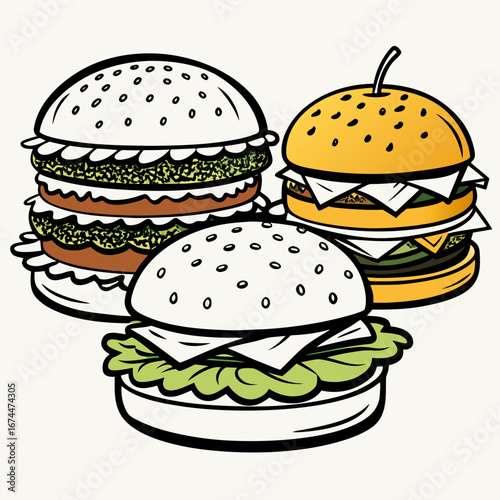 Burger and fries vector illustration with cheeseburger sandwich and vegetables