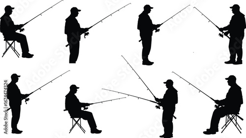 Silhouette fisherman fishing with rod, standing and sitting angler poses, outdoor sport activity, relaxing hobby, leisure lifestyle, black vector illustration