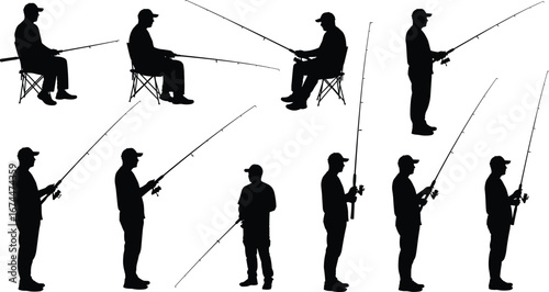 Silhouette fisherman holding fishing rod, sitting and standing, outdoor angler activity, man fishing sport, recreational hobby, relaxing nature lifestyle illustration
