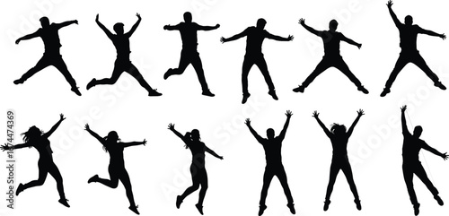 Silhouette group of people jumping in air, freedom energy, active lifestyle, joyful dance movement, happy celebration, vitality expression, success