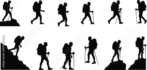 Silhouette hikers walking with backpacks and trekking poles, mountain climbing adventure, outdoor exploration, hiking journey, nature travel, wilderness trekking illustration design