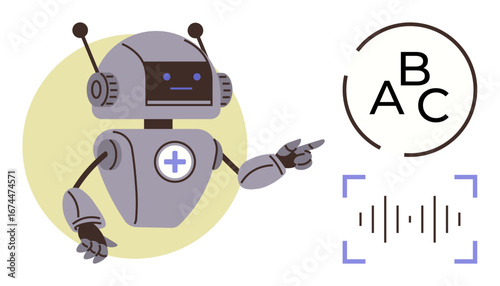 A robotic figure pointing towards alphabet letters and sound waves, representing language processing, AI communication, and technology. Ideal for education, futuristic design, artificial