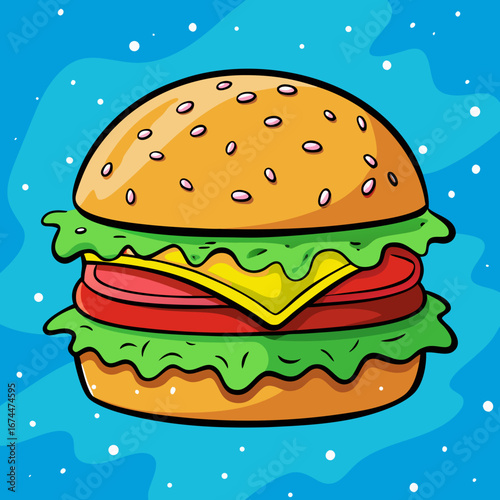 A classic beef hamburger with cheese, lettuce, and tomato on a sesame bun against a white background