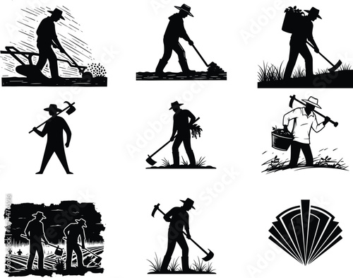 Traditional farming, rural agriculture, farmer tools, plowing, harvesting, hoeing, sickle work, village labor, black and white sketch, vintage illustration, countryside life