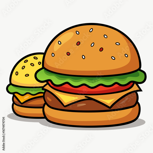 A juicy cheeseburger with beef patty, lettuce, and tomato on a sesame bun, isolated on a white background