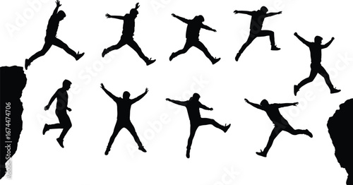 Silhouette man jumping between cliffs, extreme sports adventure action, freedom courage success, motivational inspiration concept, outdoor lifestyle overcoming challenge