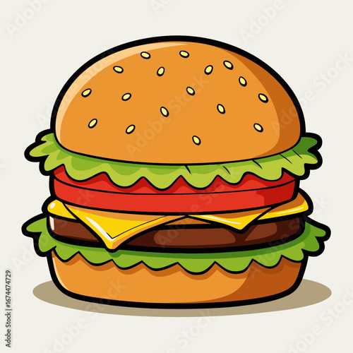 Delicious grilled beef cheeseburger with fresh lettuce, tomato, and sesame seed bun on a clean white background