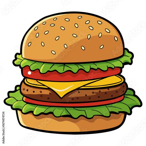 A grilled beef hamburger with cheese and lettuce on a sesame bun isolated on a white background