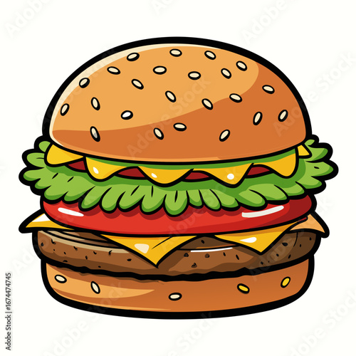 A juicy cheeseburger with fresh lettuce, tomato, and grilled beef patty on a sesame seed bun isolated on a white background