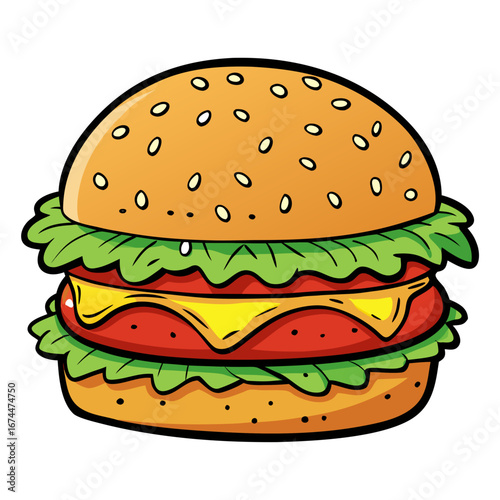Delicious beef cheeseburger with sesame bun and fresh vegetables isolated on a white background